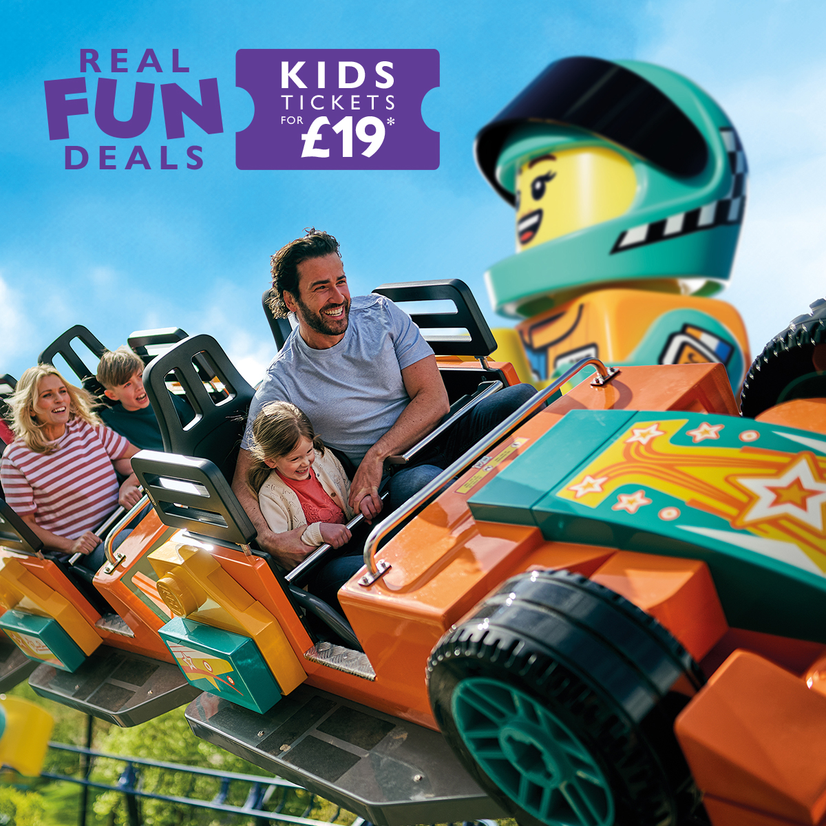 Families enjoying Minifigure Speedway at LEGOLAND Windsor - Real Fun Deals this summer with kids tickets for £19 while stocks last!